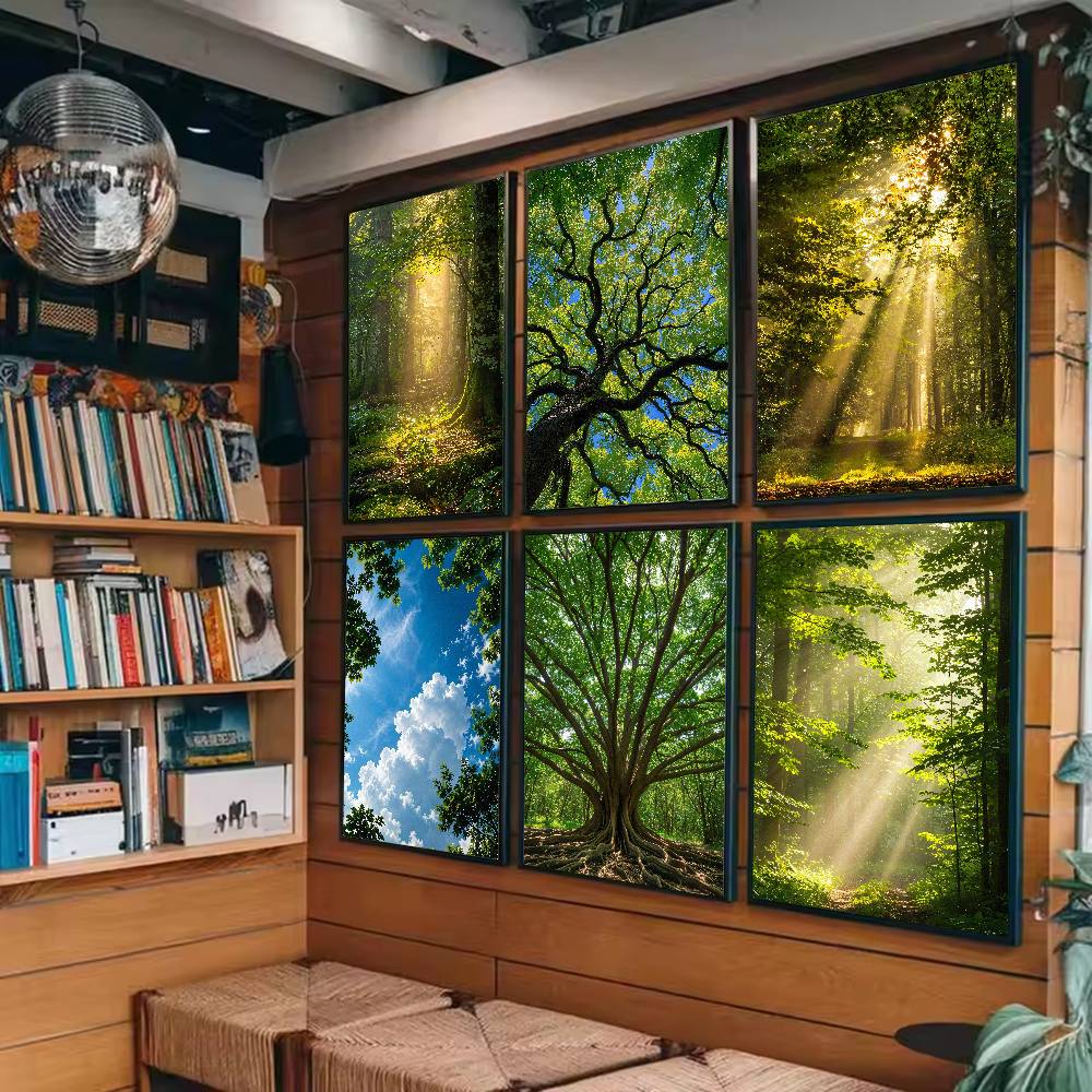 Wall Decor Lighting Tree - Sunbeam Forest Nature Poster, Green Woodland